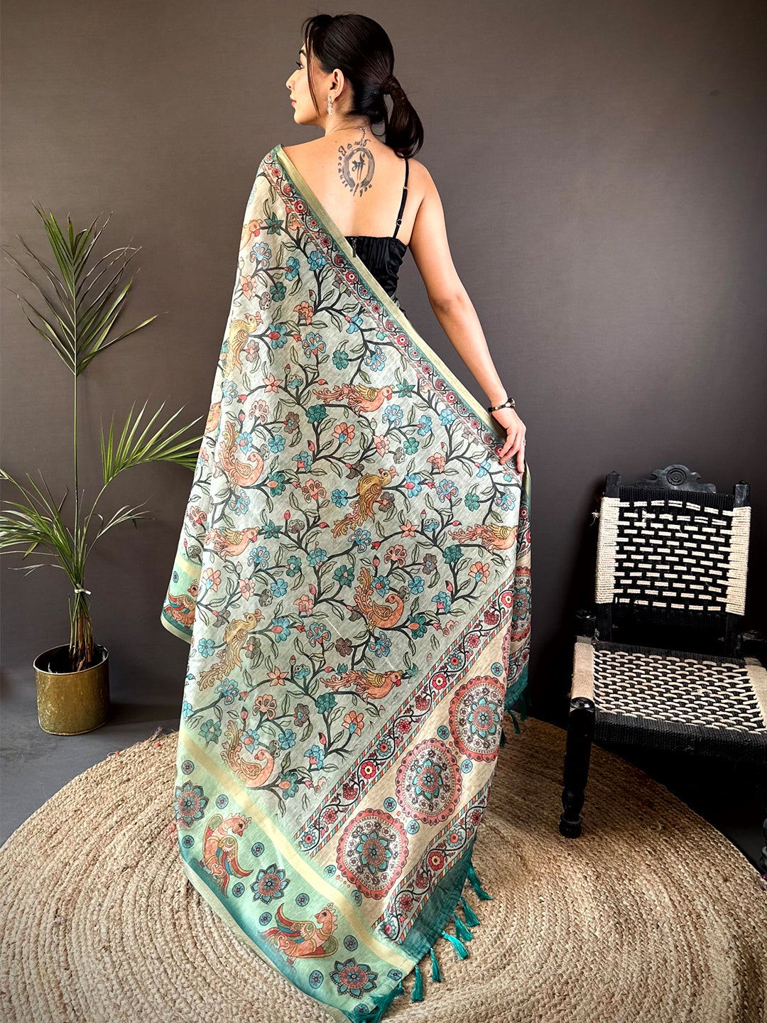 Pista Floral Kalamkari Chanderi Cotton Saree by My Store