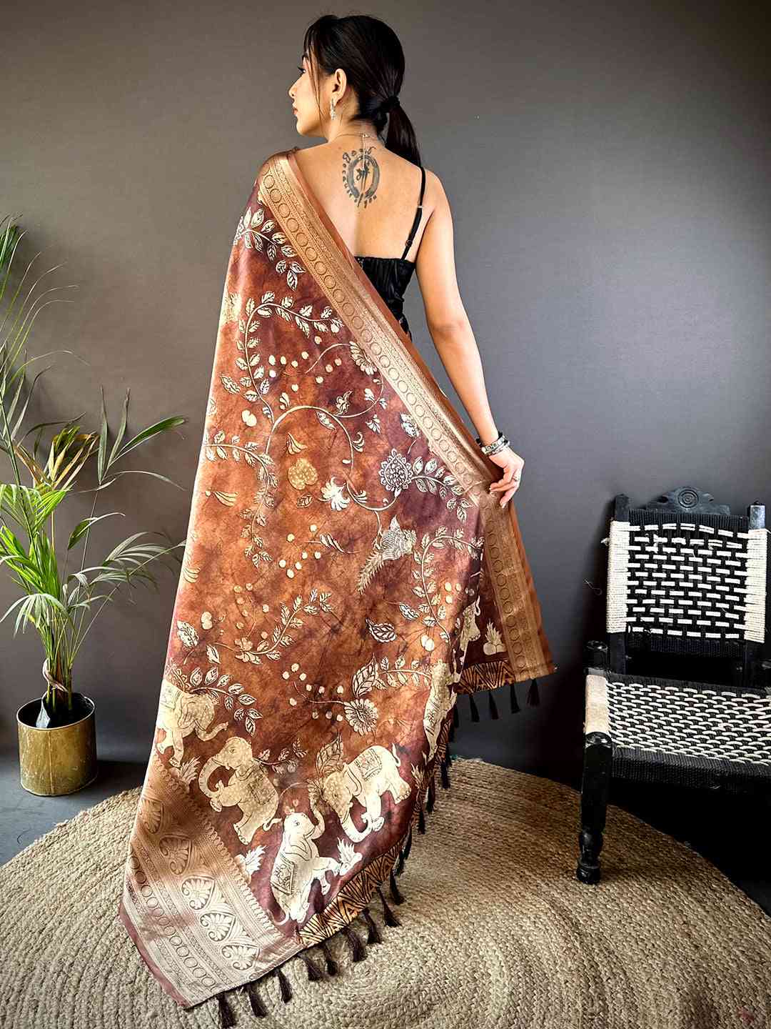 Brown Soft Silk Animal Bandhej Saree by My Store