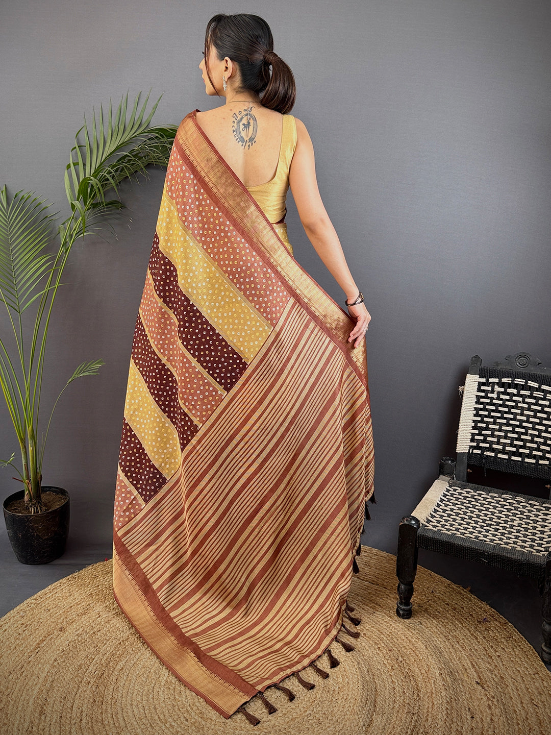 Brown Soft Dola Bandhej Print Saree by My Store