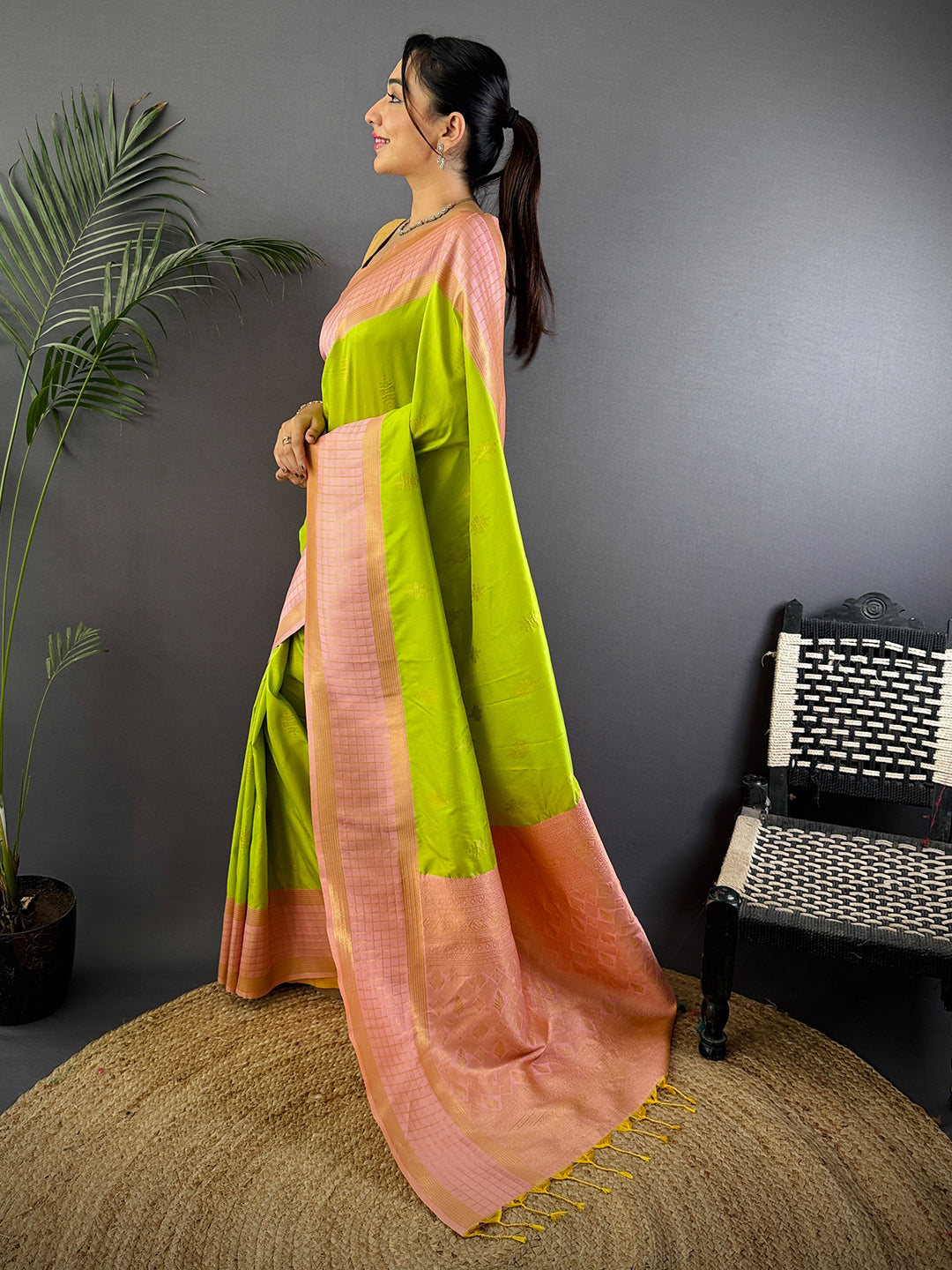 Green Kolam Zari Butta Soft Silk Saree by My Store