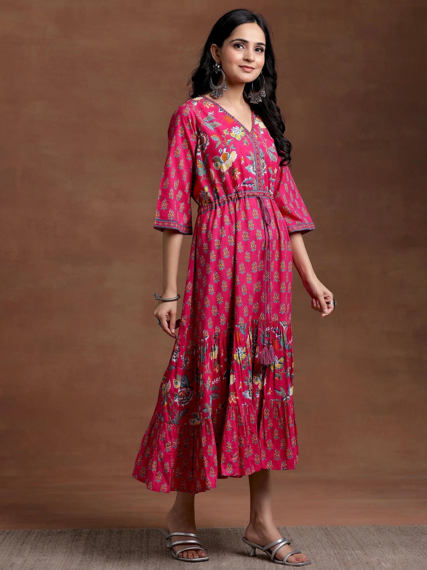 Pink Printed Cotton Fit and Flare Dress by My Store
