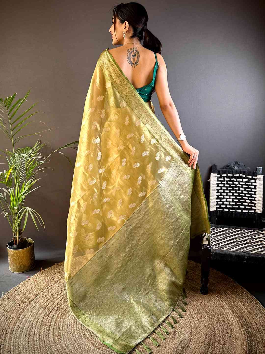 Graceful Olive Kora Tissue Saree by My Store