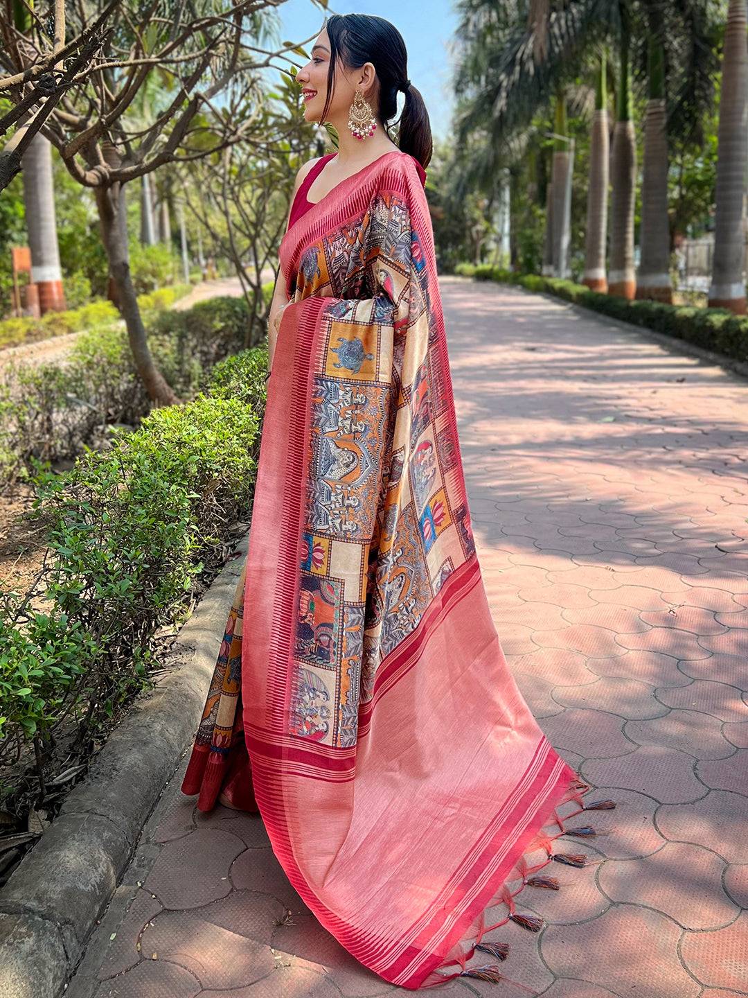 Bollywood Slub Tussar Silk Madhubani Kalamkari Block Print Saree by My Store