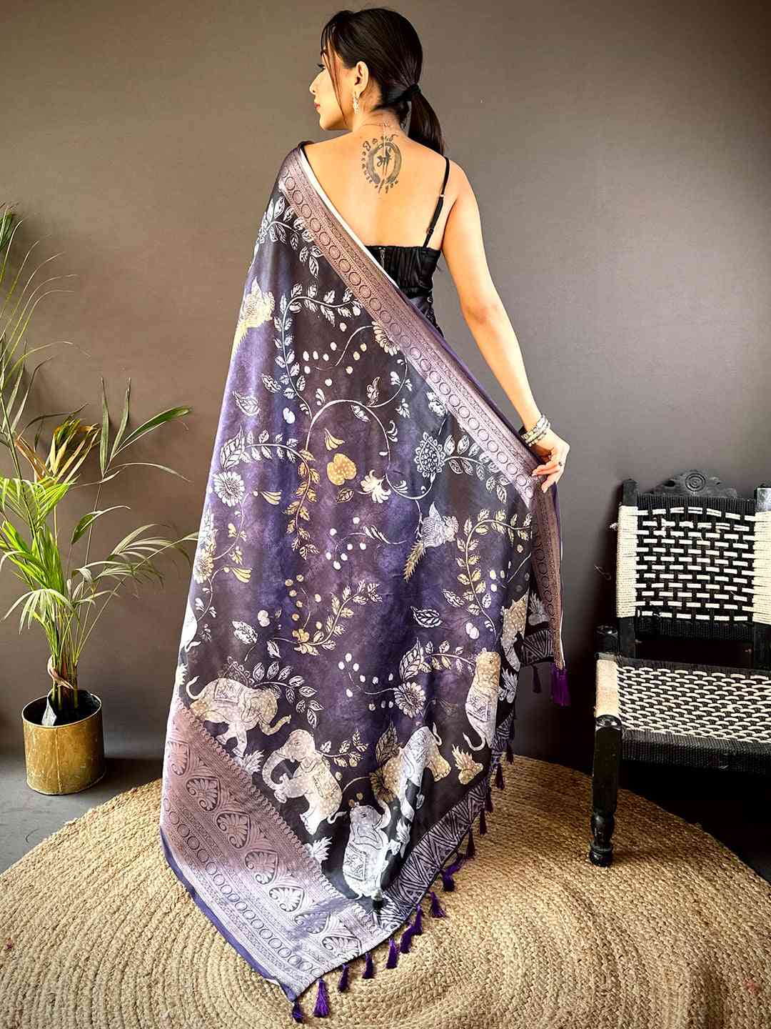 Purple Soft Silk Animal Bandhej Saree by My Store