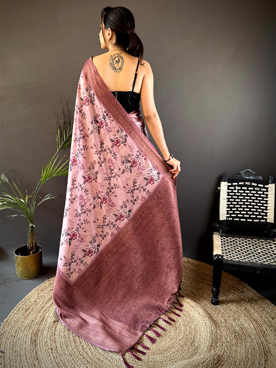 Graceful Black Aura Silk Floral Print Saree by My Store