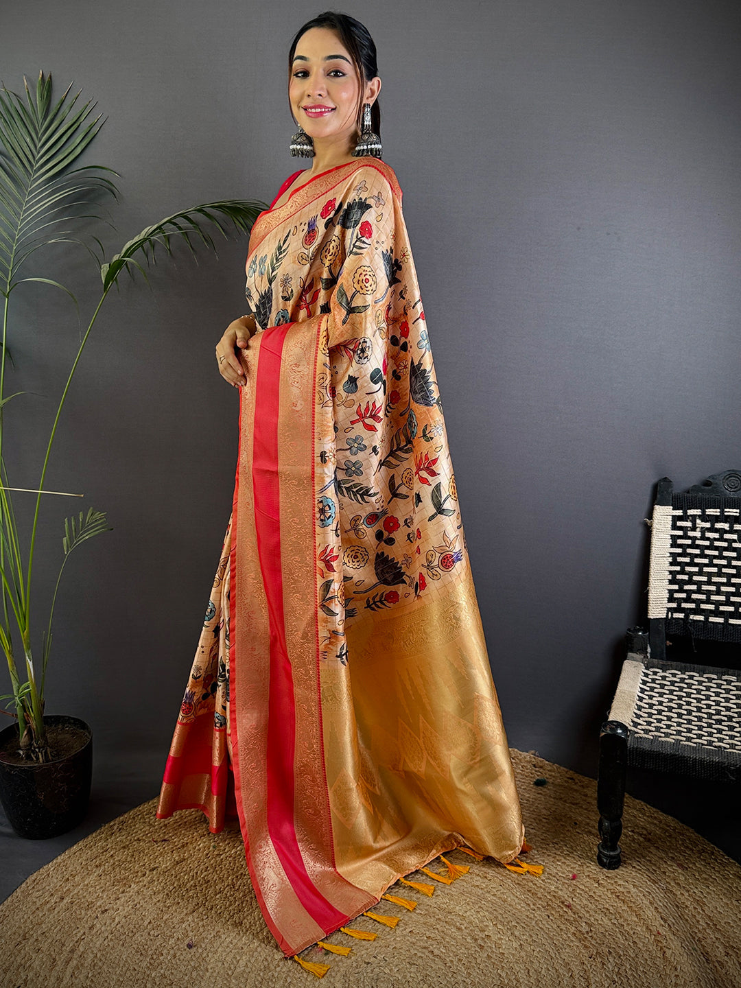 Beige Soft Silk Gadwal Kalamkari Saree