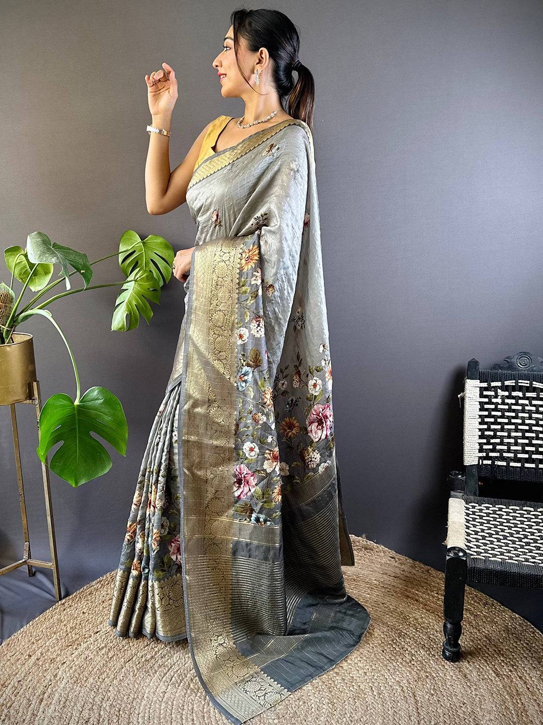 Grey Floral Zari Chex Saree by My Store