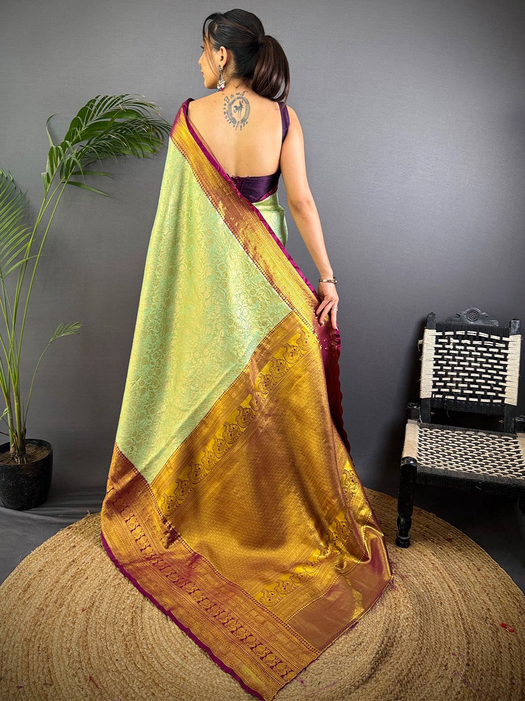 Pastel Mint Green Dharmavaram Silk Saree by My Store
