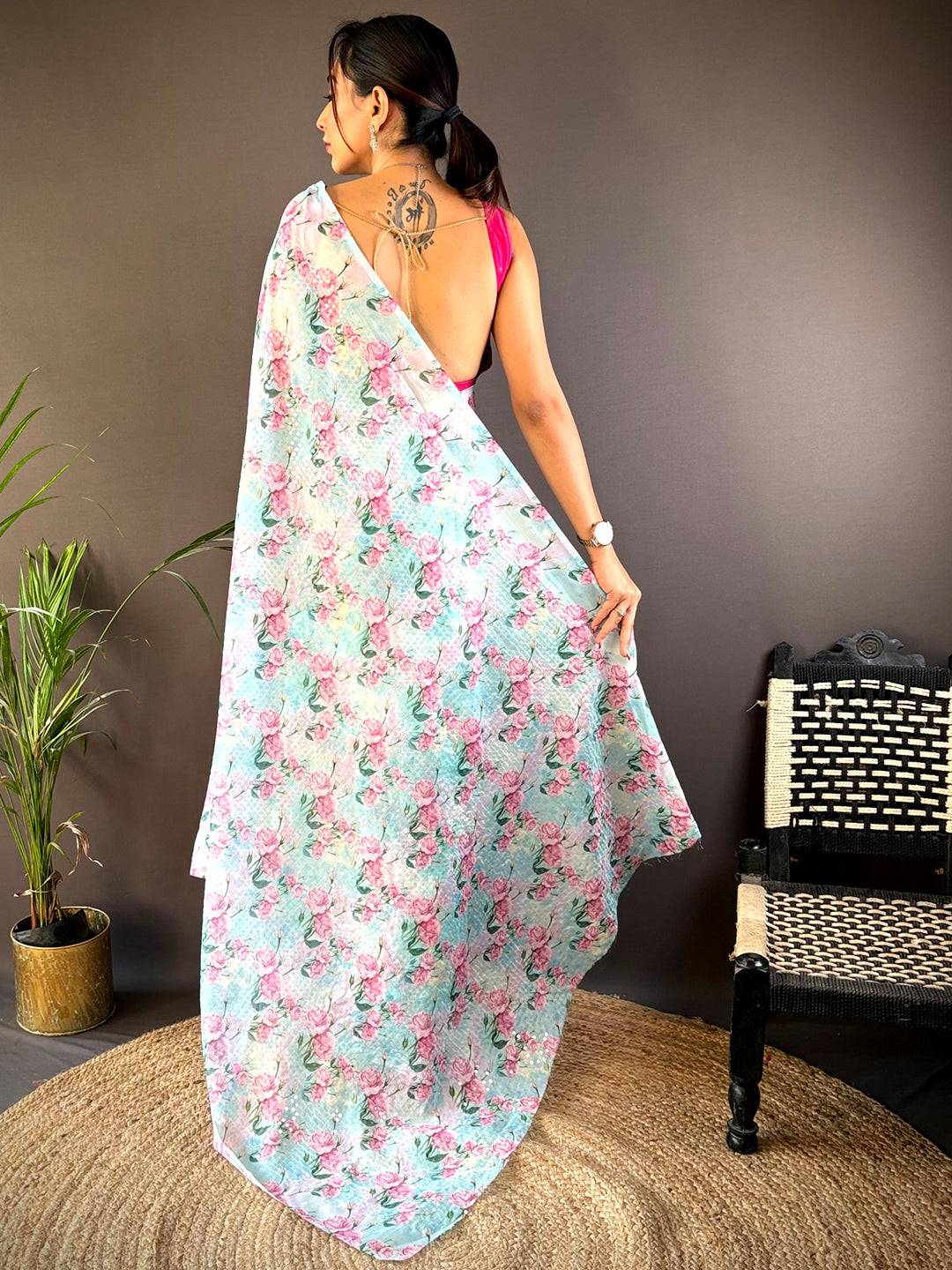 Sky Blue Soft Tebi Silk Sequin Work Saree by My Store
