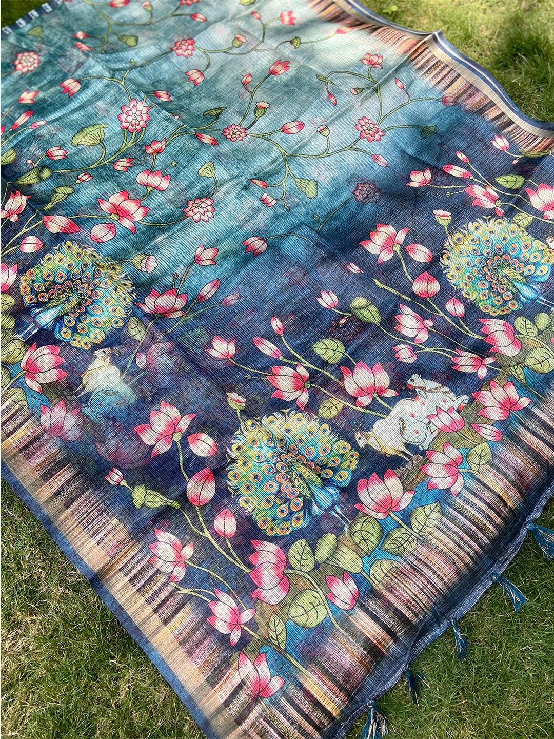 Trendy Soft Kota Doriya Silk Saree With Pichwai Prints and Rich Pallu
