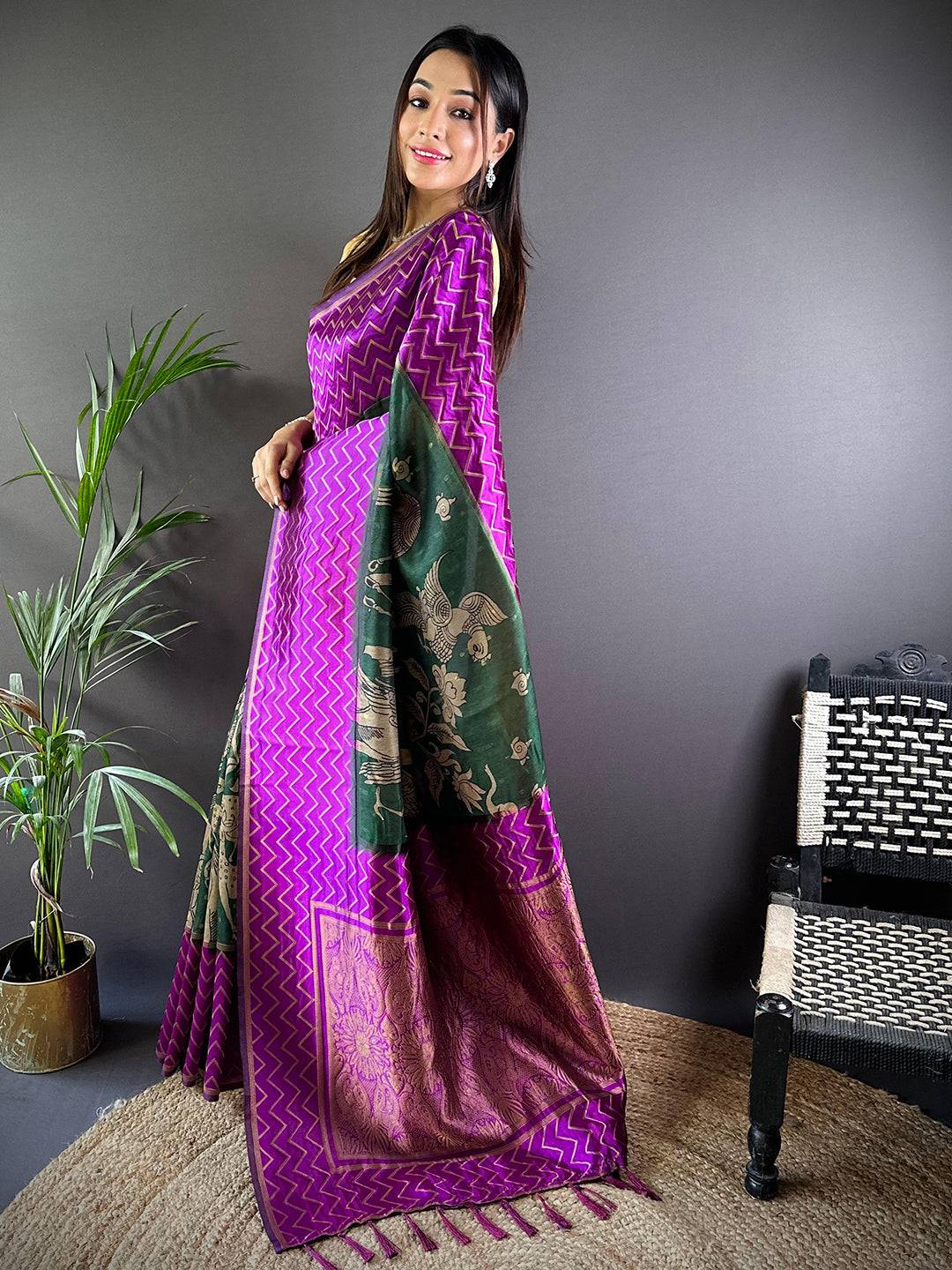 Wine Heritage Weave Kalamkari Soft Silk Saree