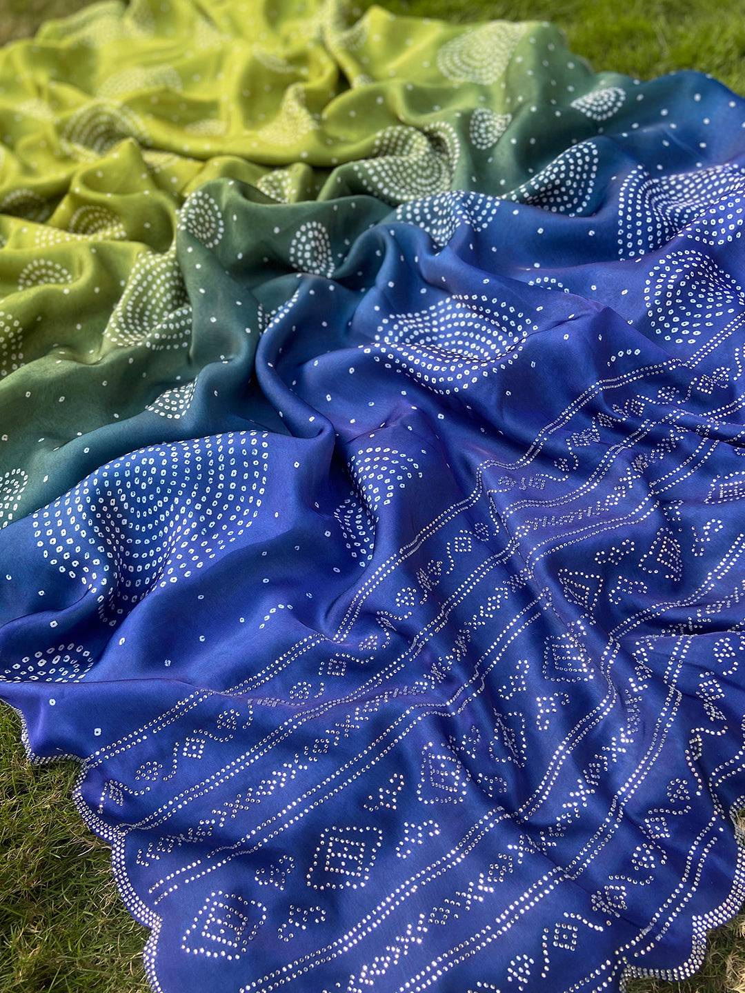 Lime Georgette Silk Saree with Ombre Bandhej Print & Swaroski Stone Work by My Store