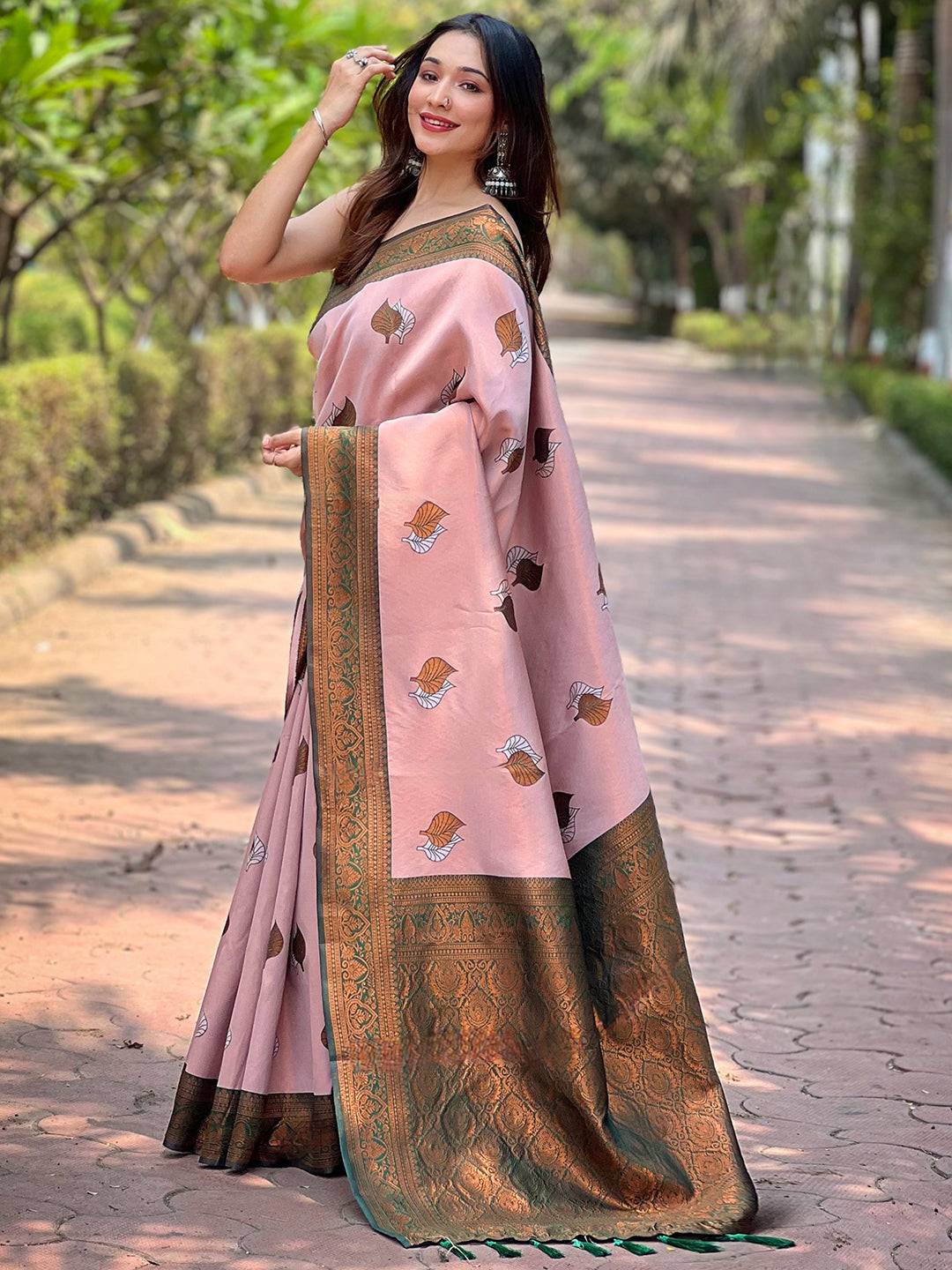 Light Pink Kanjivaram Tissue Saree With Gold Zari Weaving by My Store
