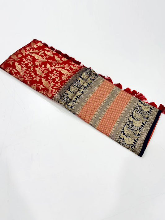Peacock Deep Red Banarasi Silk Saree by My Store