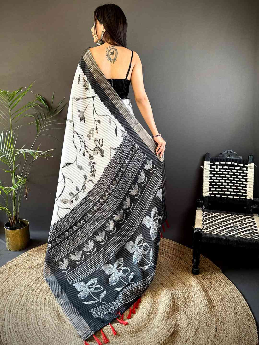 Kalamkari Black Check Tissue Chanderi Saree by My Store