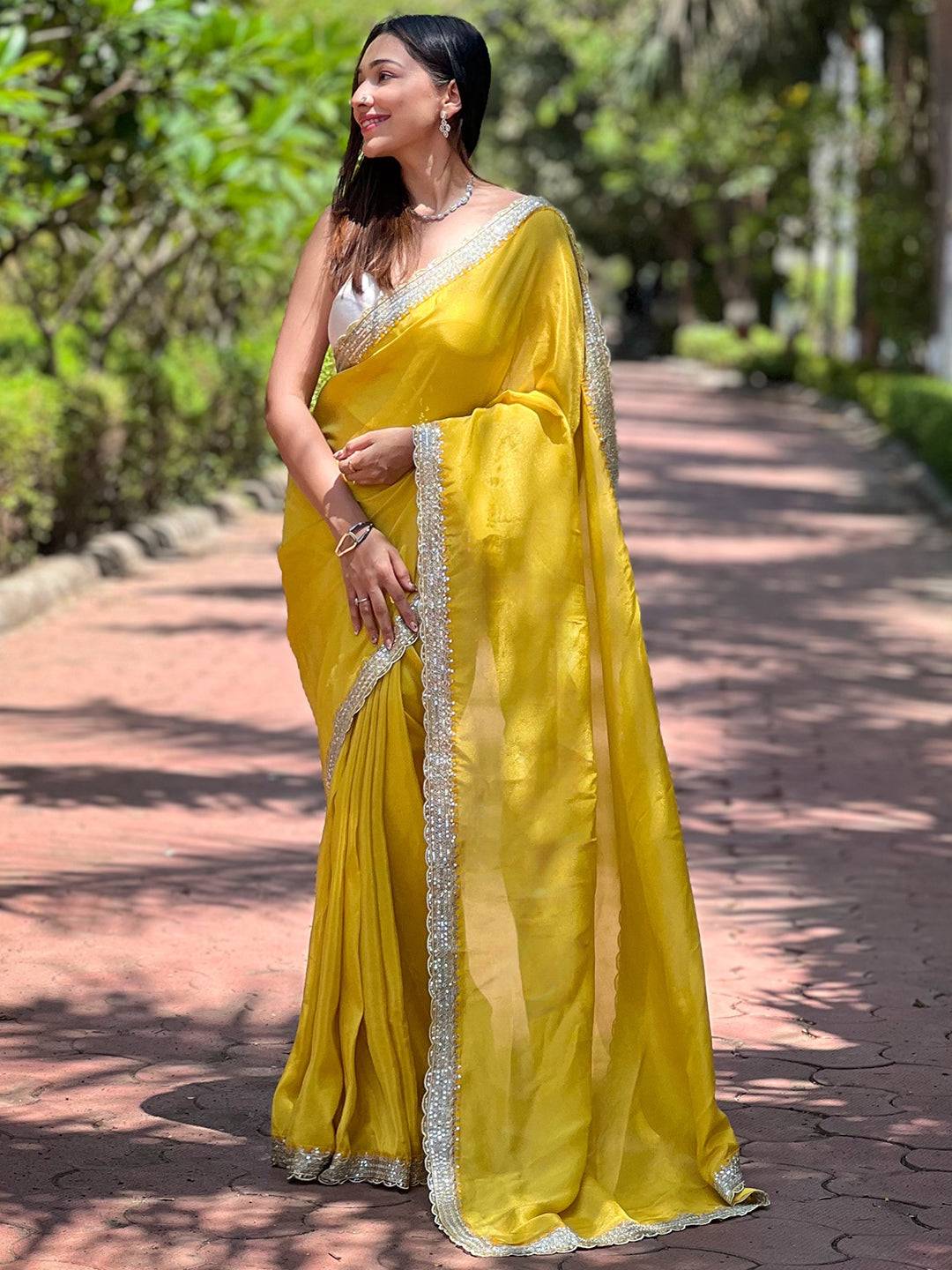 Sunset Yellow Pure Viscose Dyed Saree by My Store