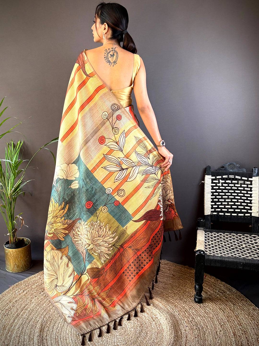 Tan Beige Tussar Silk Floral Prints Saree by My Store