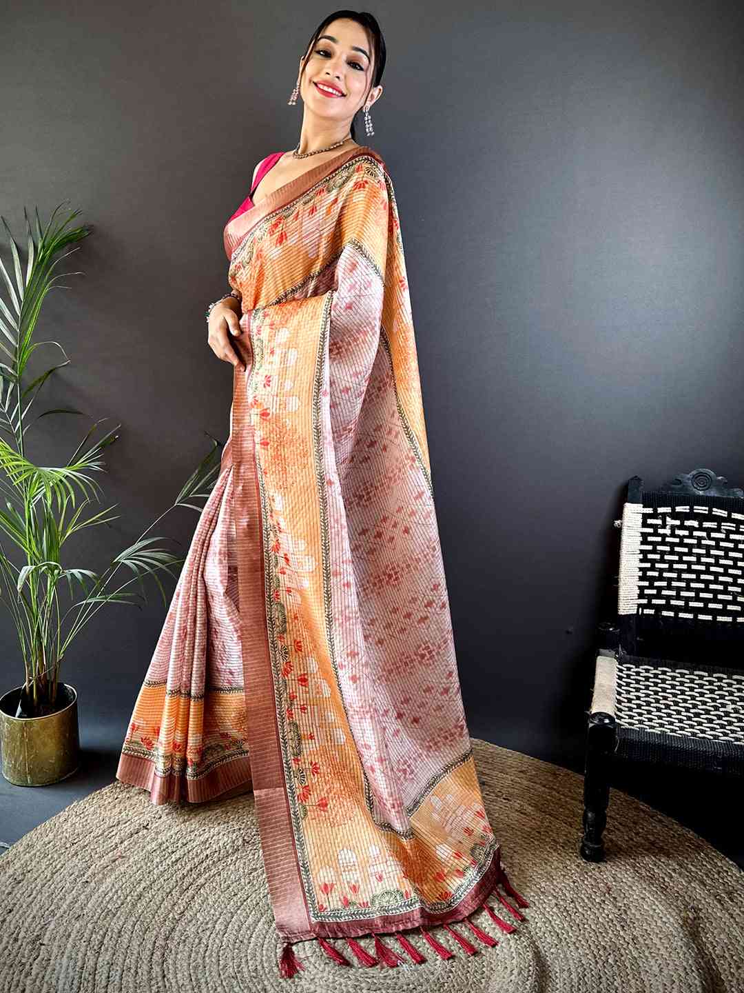 Graceful Beige Soft Silk Chex Saree by My Store
