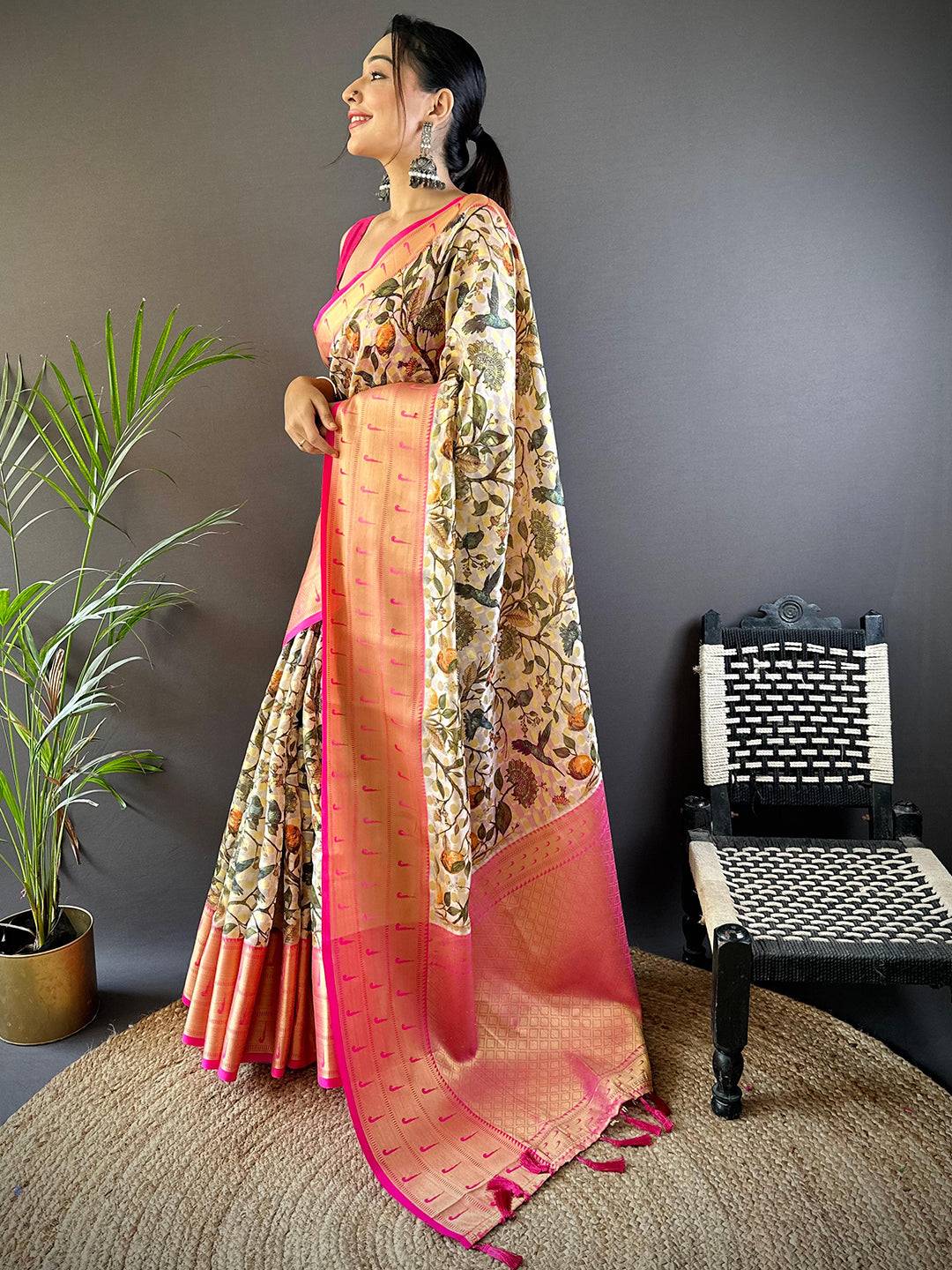 Off White Paithani Kora Silk Saree by My Store