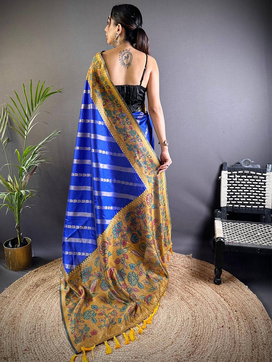 Blue Gold Zari And Kalamkari Print Saree