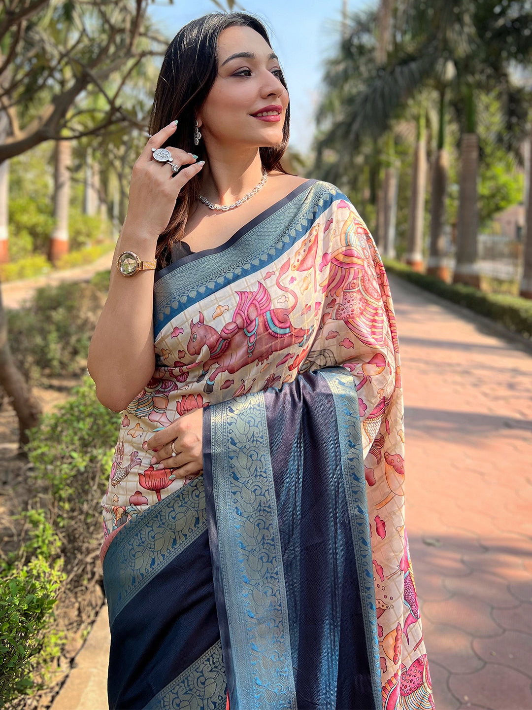 Blue Colour Double Border Chex Weaving Banarasi Soft Silk Saree
