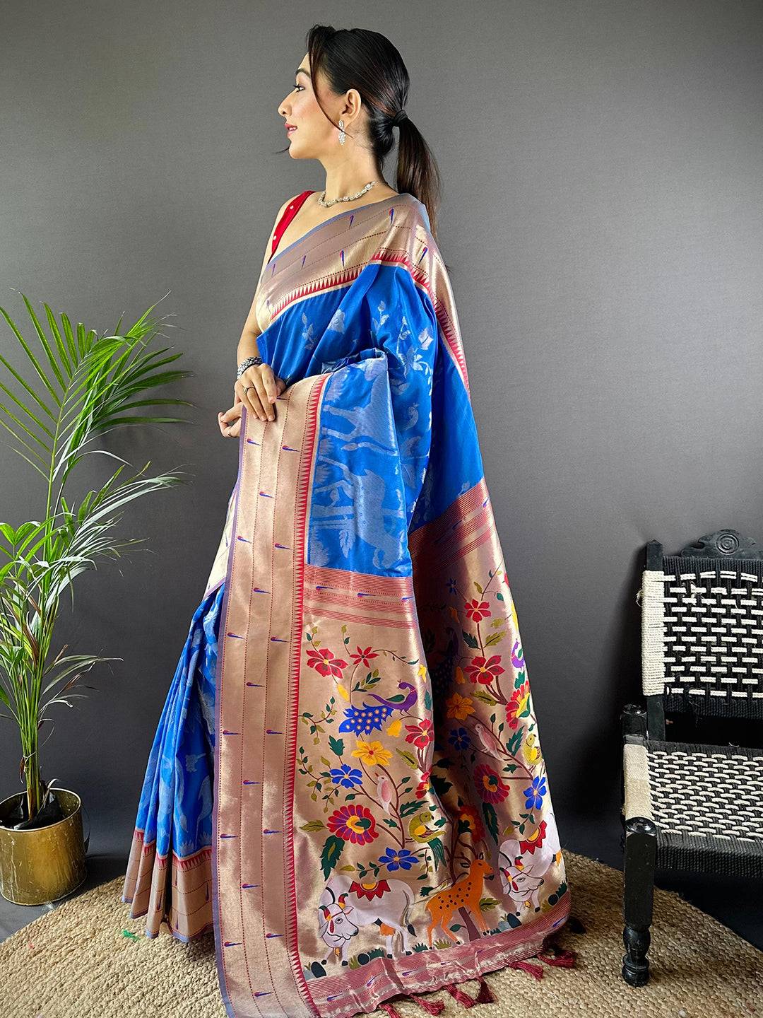 Royal Blue Paithani Silk Pichwai Woven Saree by My Store