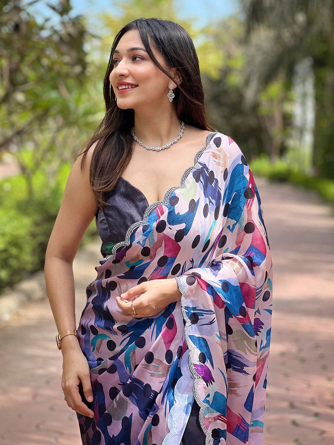 Navy Batik And Polka Dots Print Saree by My Store