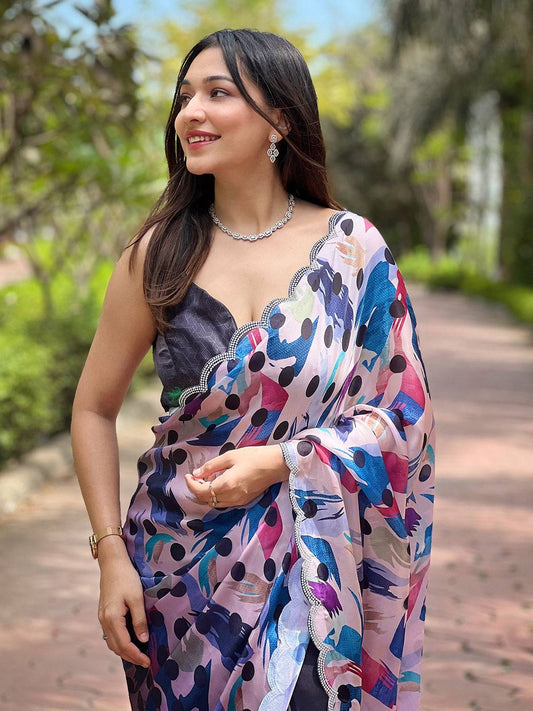 Navy Batik And Polka Dots Print Saree by My Store