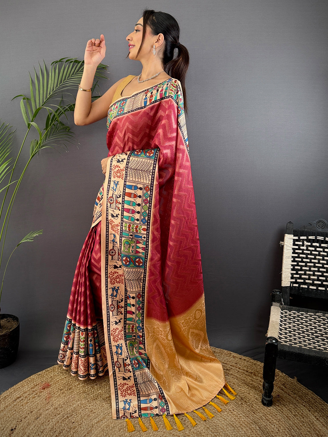 Blush Red Madhubani Print Soft Silk Saree by My Store