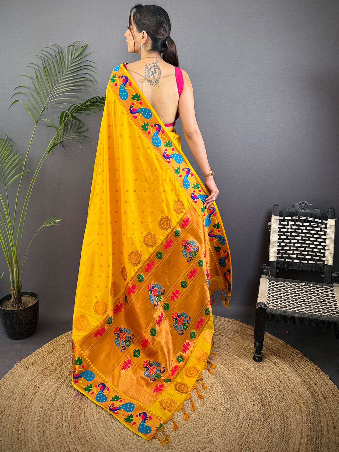 Mustard Yellow Yeola Paithani Soft Silk Saree by My Store
