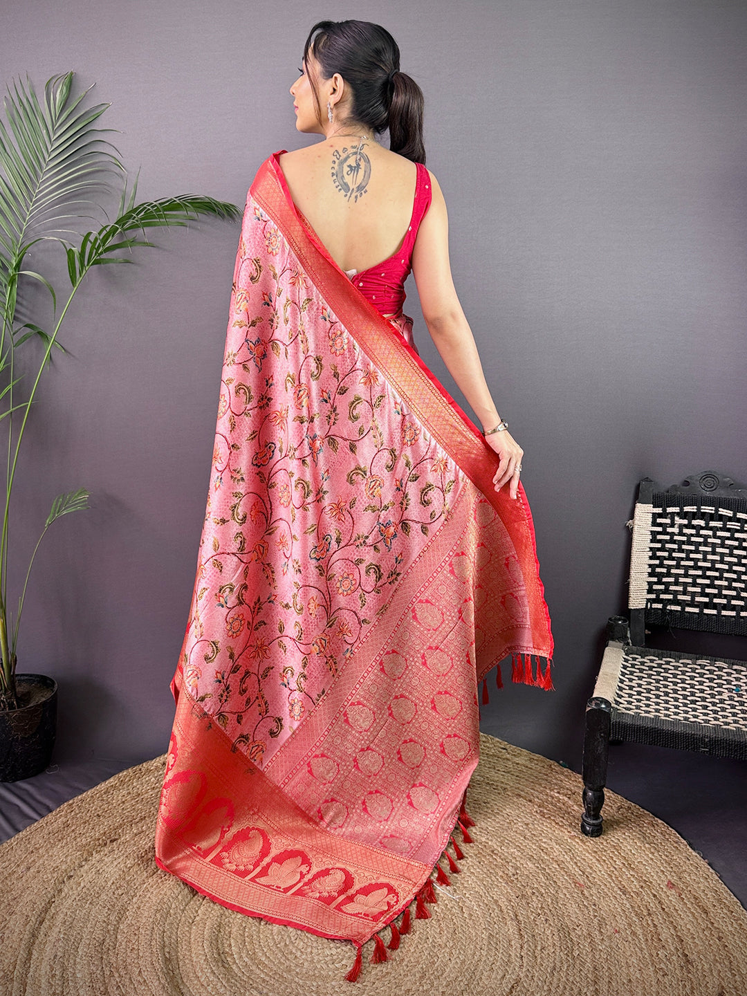 Royal Soft Cherry Satin Kalamkari Print Saree by My Store