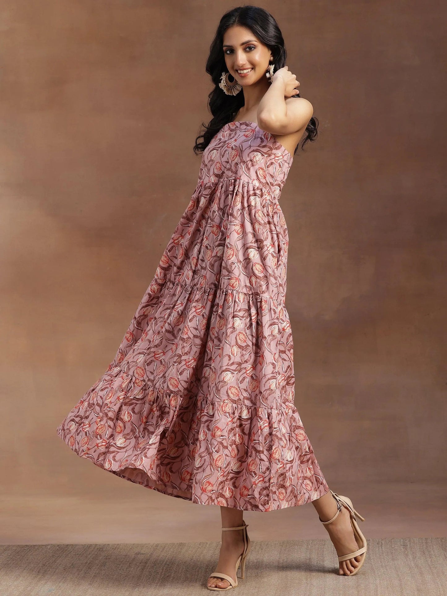 Peach Printed Cotton Fit and Flare Dress by My Store