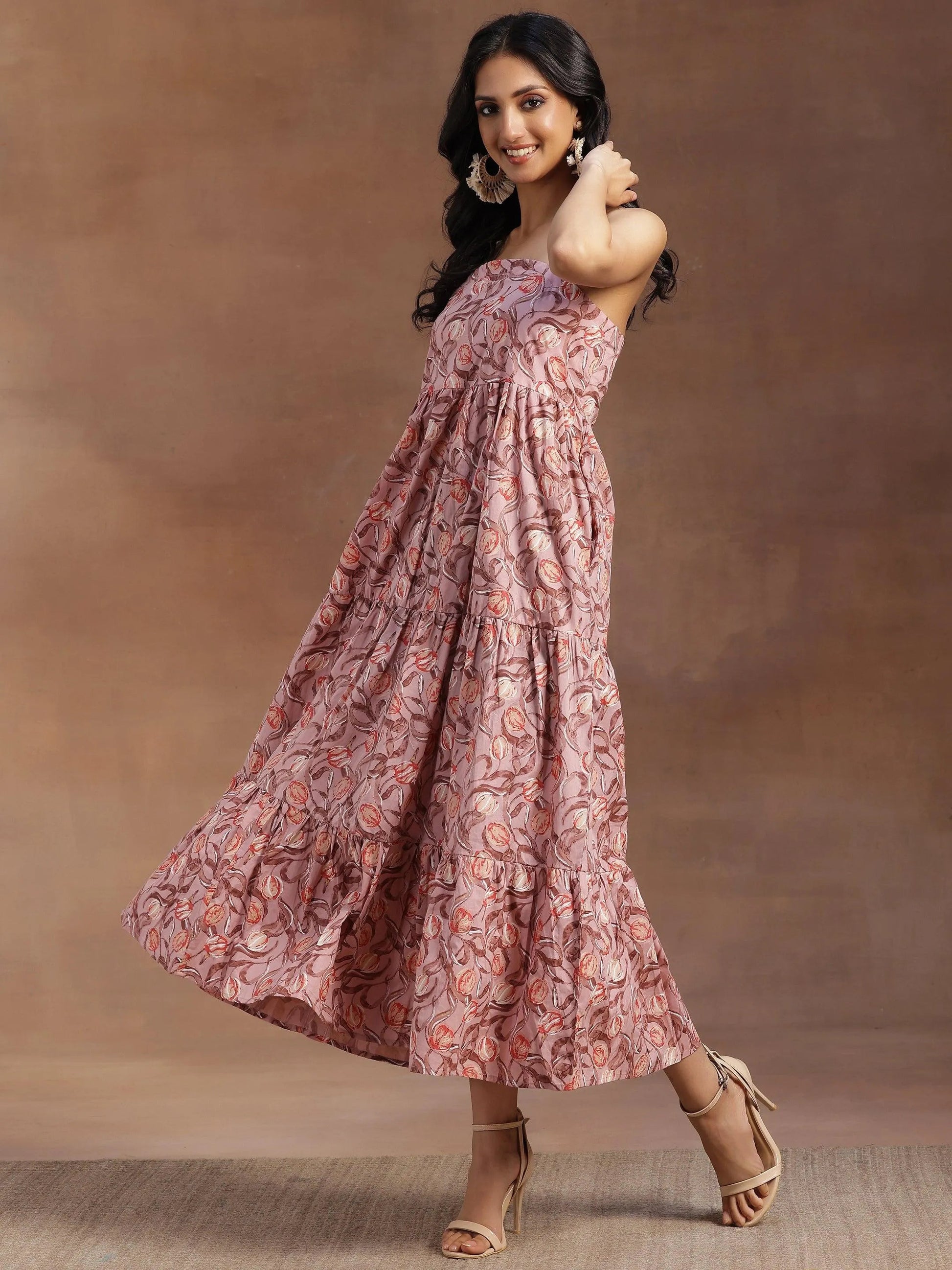 Peach Printed Cotton Fit and Flare Dress by My Store