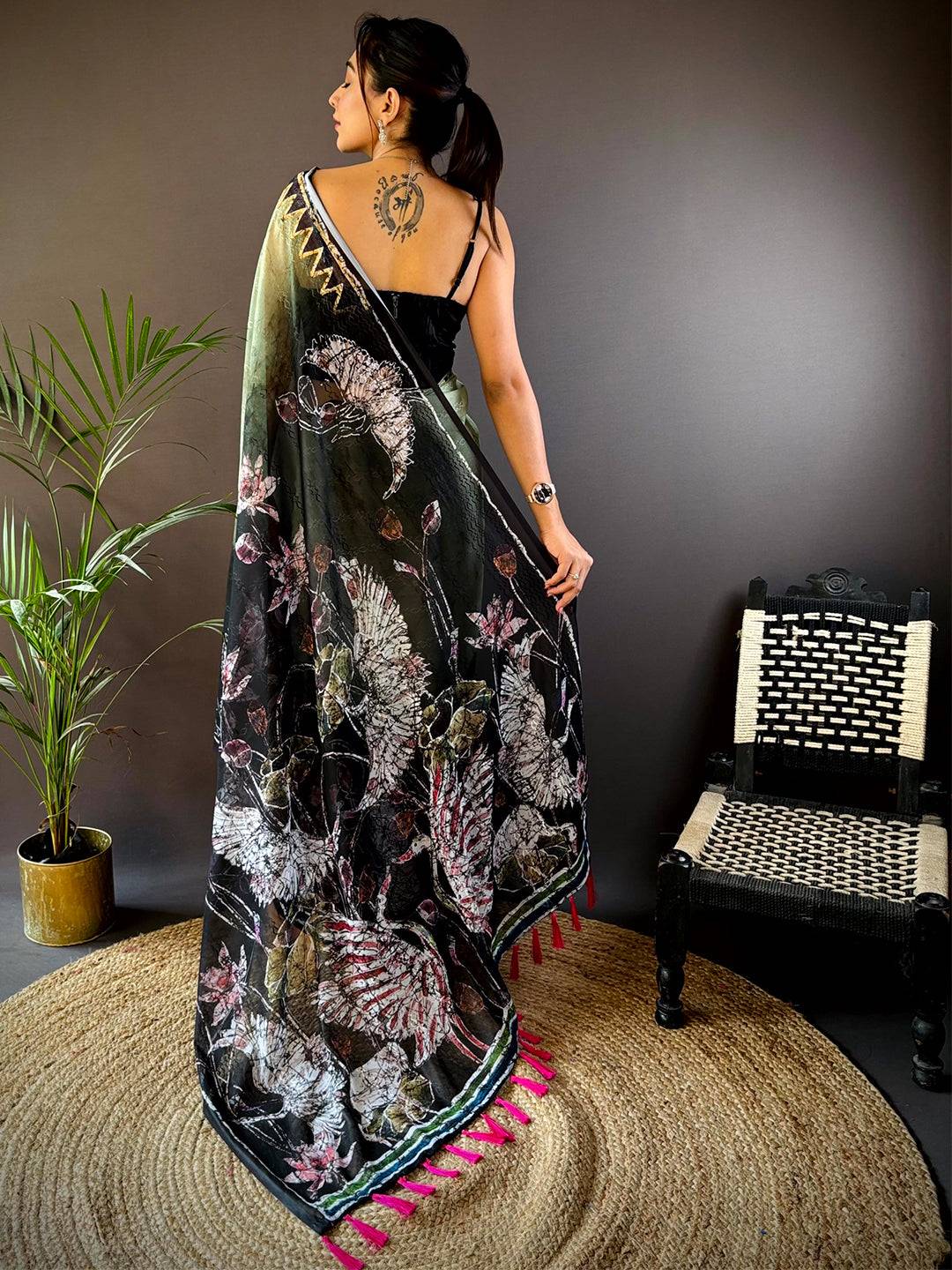 Green Georgette Batik Printed Saree by My Store