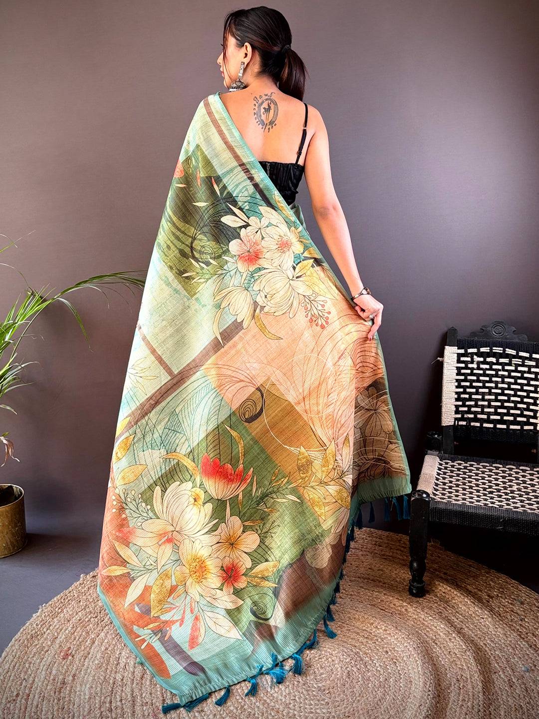 Rama Blue Zari Tussar Floral Saree by My Store