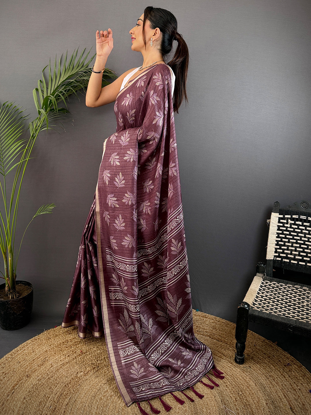 Dark Wine Leaf Print Ghicha Handloom Saree by My Store
