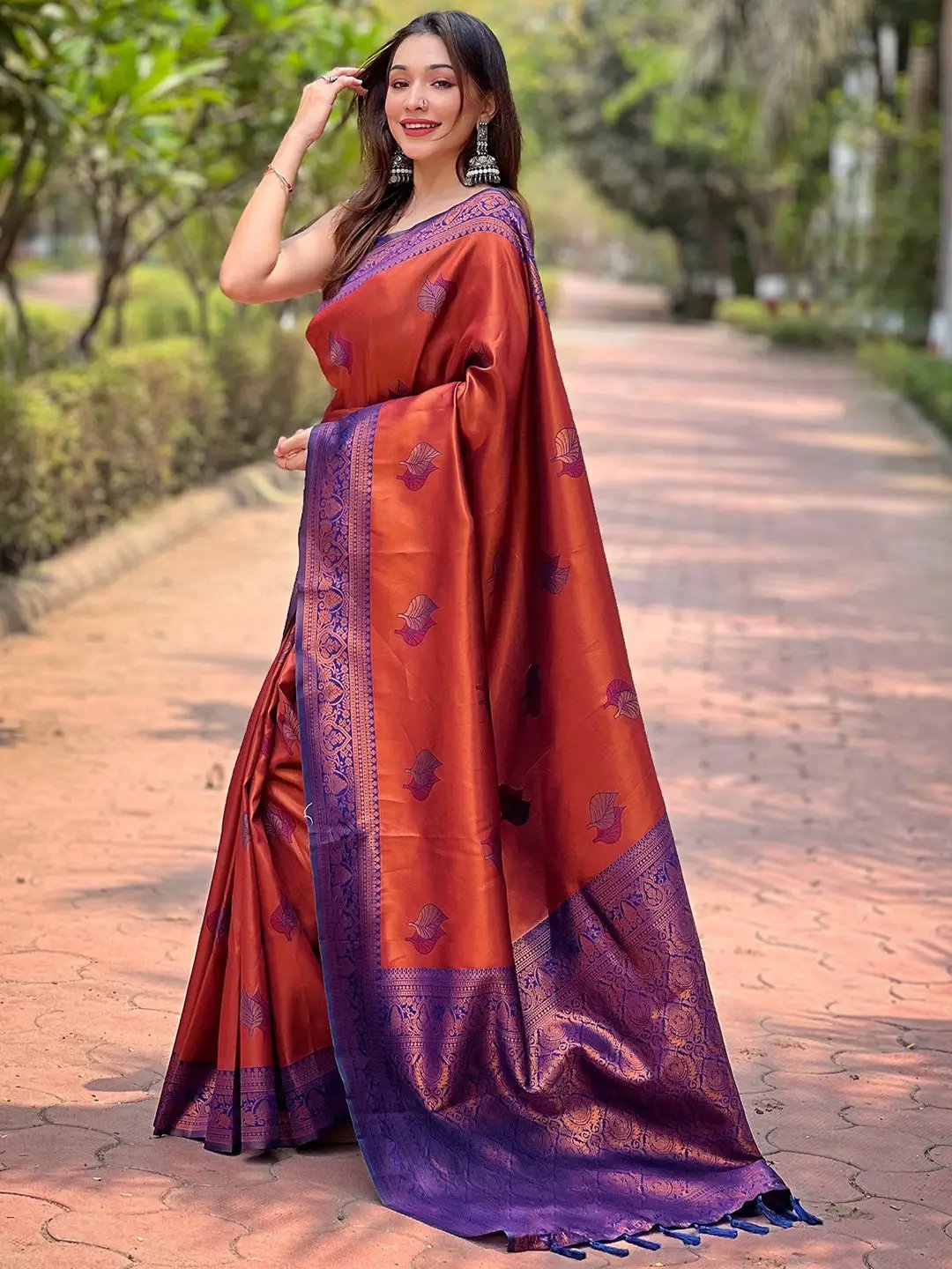Rust Red Kanjivaram Tissue Saree With Gold Zari Weaving by My Store