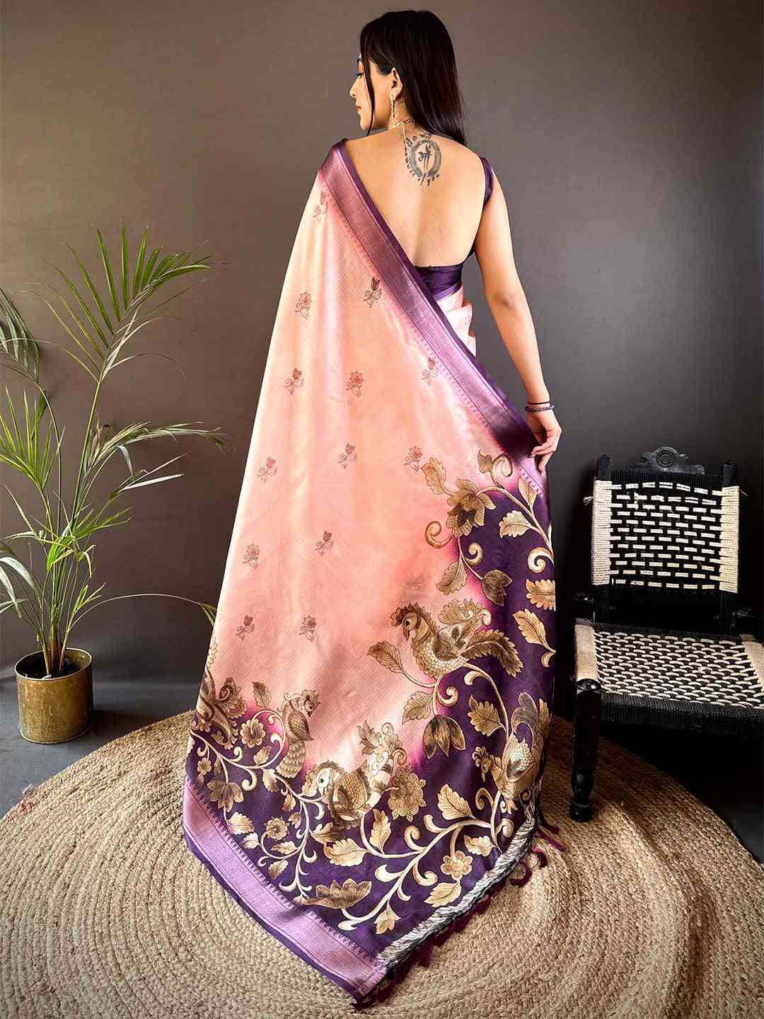 Pastel Pink Kota Doriya Zari Weave Digital Print Saree by My Store