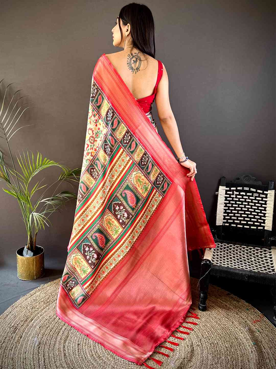 Cream Mughal Kalamkari Print Pashmina Saree by My Store
