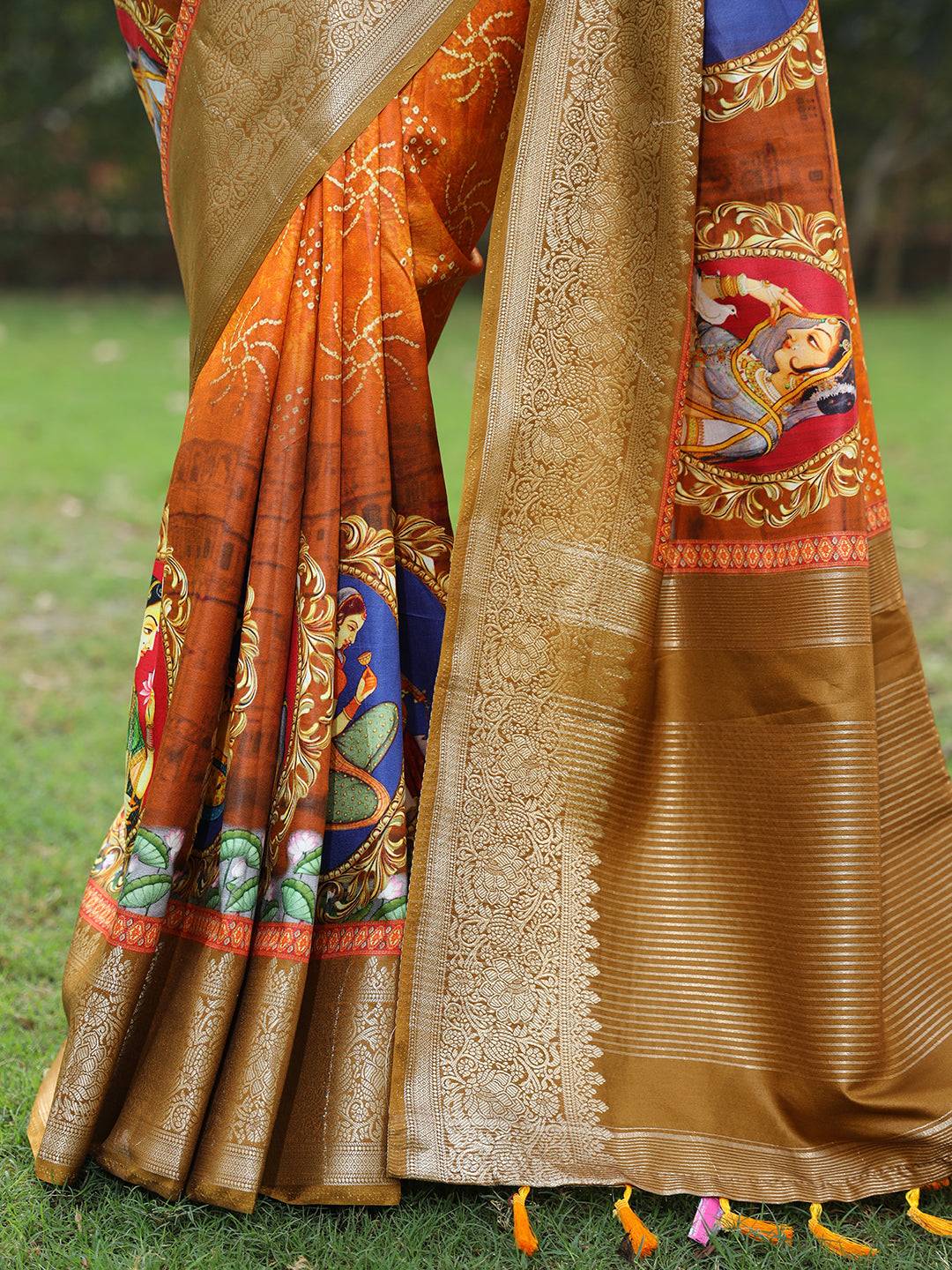 Orange Pure Viscose Dola Silk Saree with Mughal Print Border - Luxe by My Store