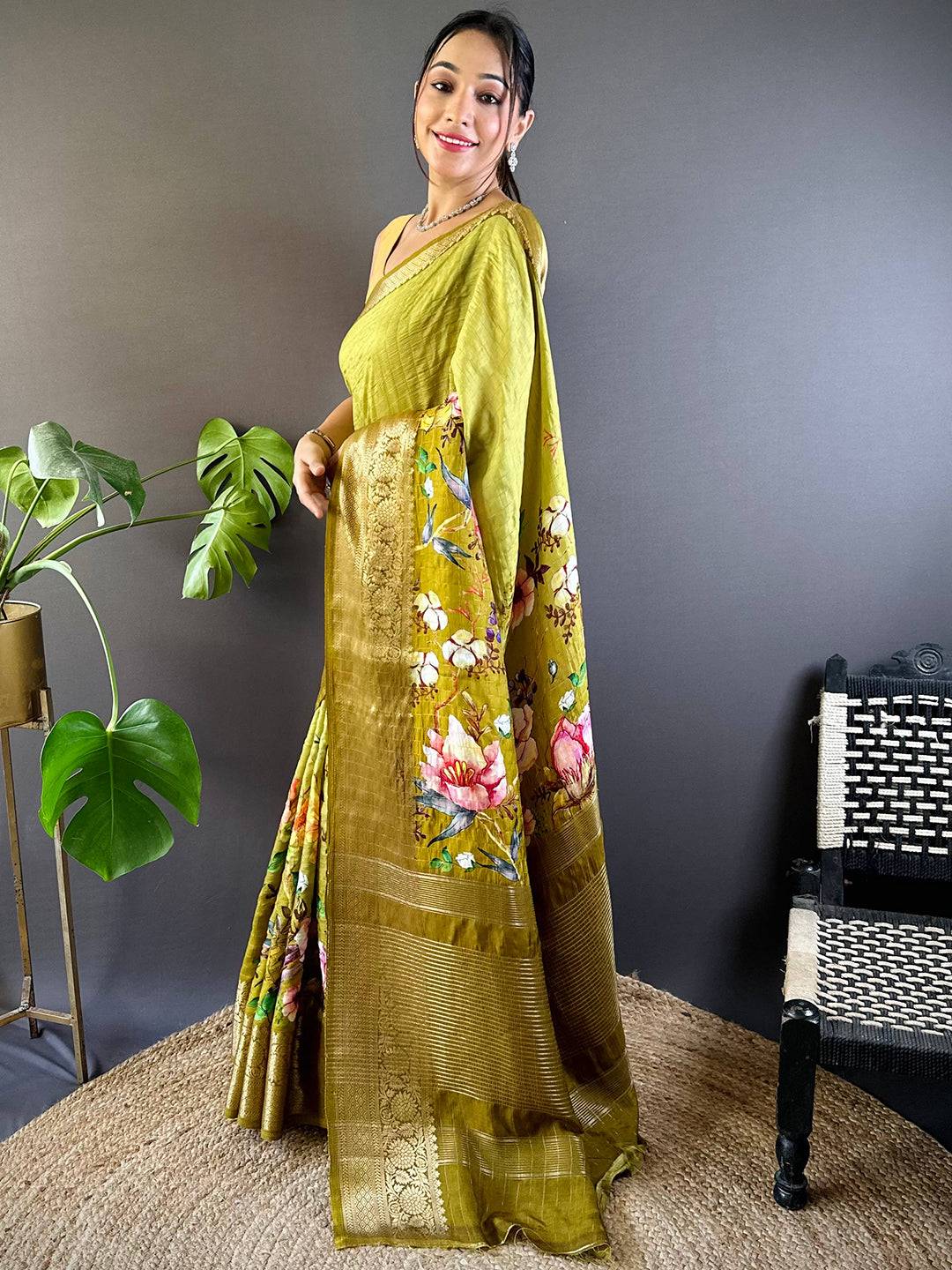 Light Green Floral Zari Chex Saree by My Store