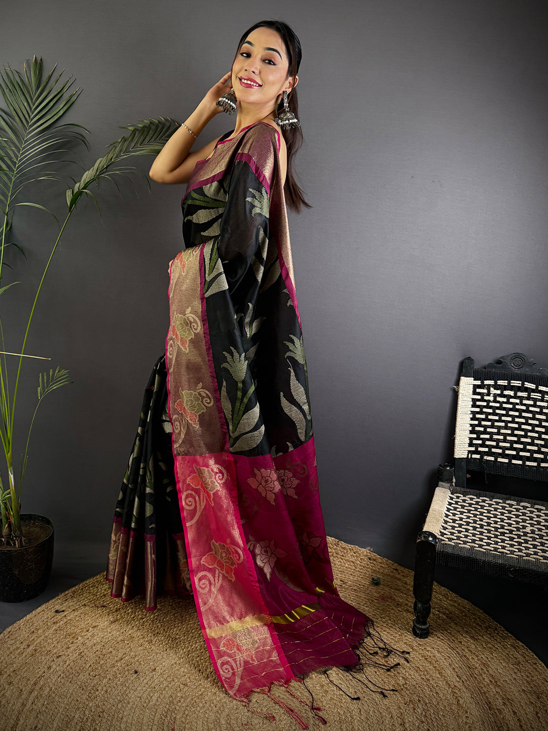 Black Soft Chanderi Pochampally Ikkat Saree