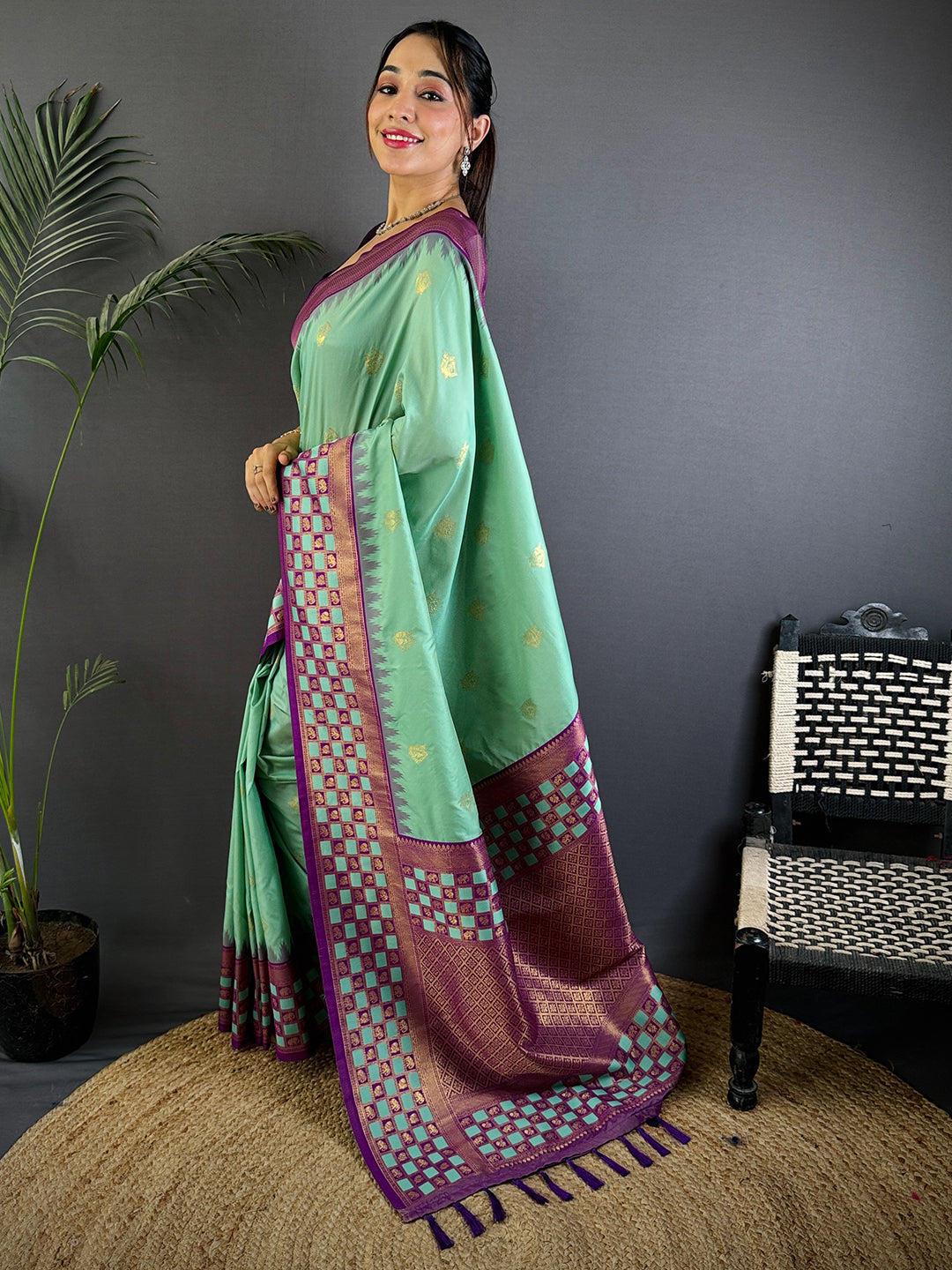 Royal Minakari Chess Border Soft Silk Saree by My Store
