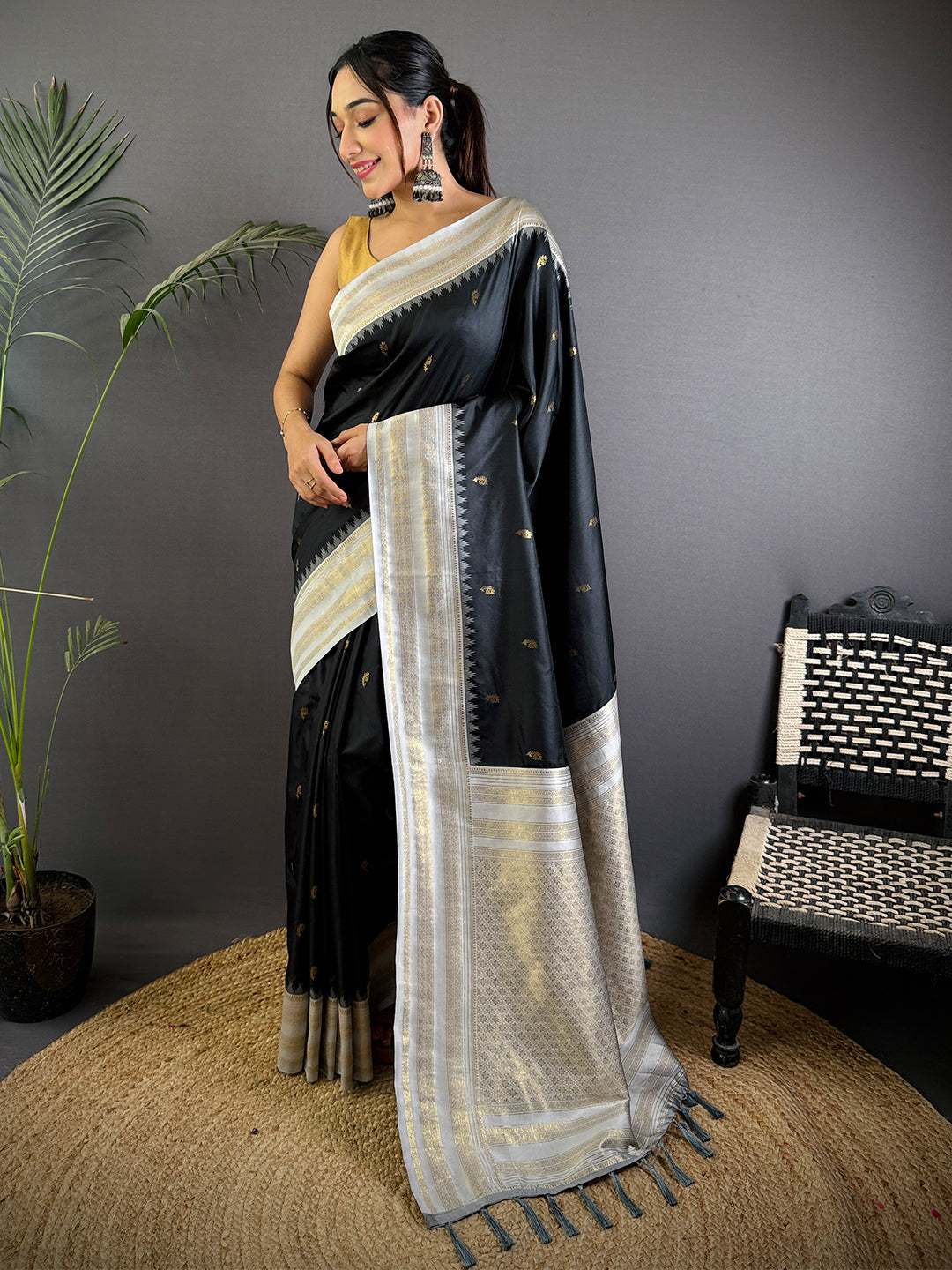 Royal Black Soft Silk Gadwal Saree by My Store