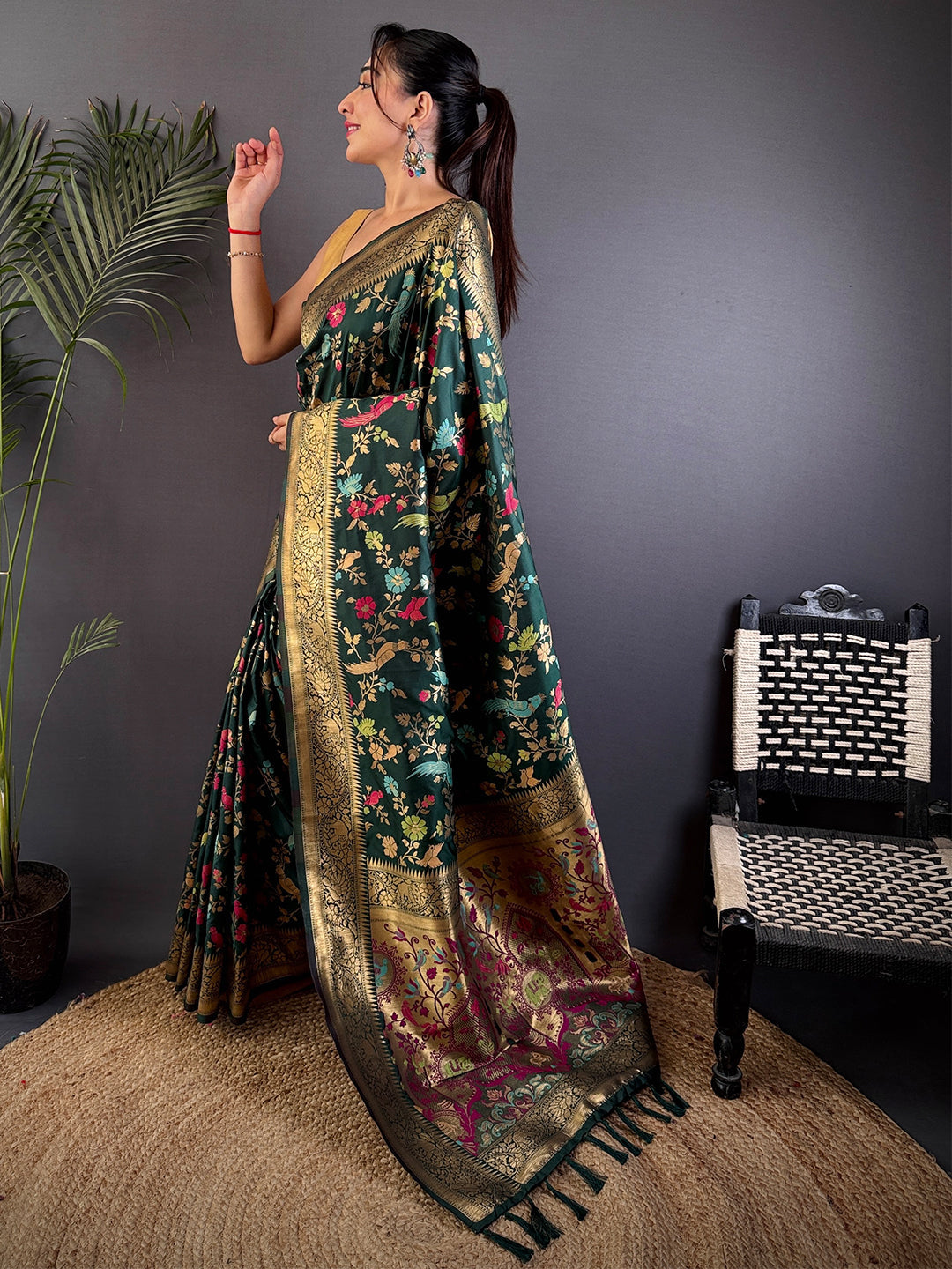 Green Kadi Minakari Banarasi Silk Saree by My Store