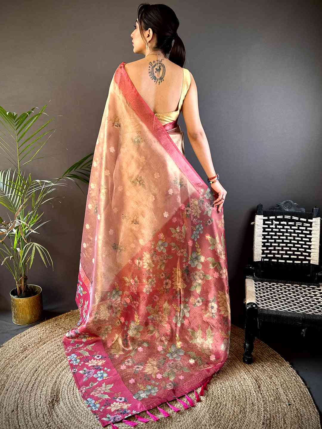 Red Tissue Digital Floral Saree by My Store