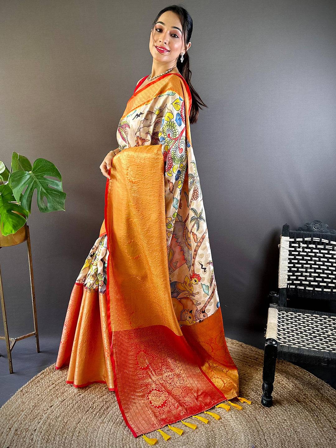 Cream Kanchi Kalamkari Elegance Saree by My Store