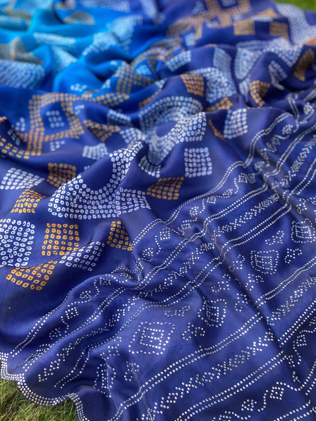 Blue Georgette Silk Saree with Ombre Bandhej Print & Swaroski Stone Work