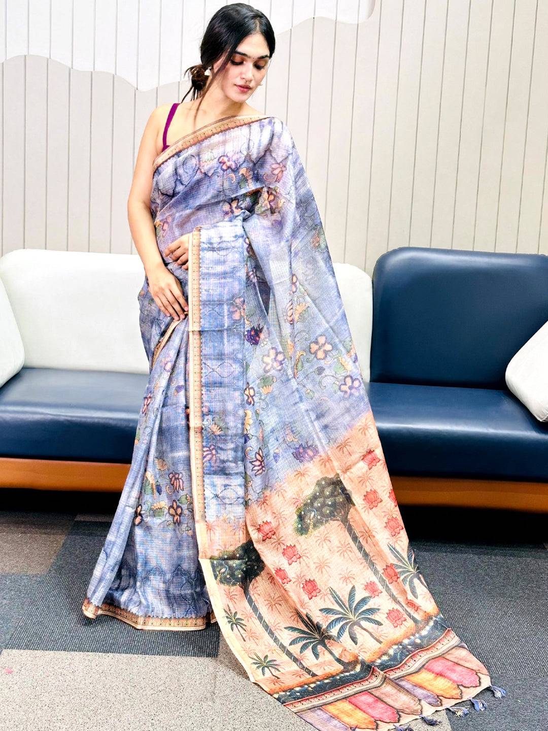 Blue Kota Doriya Silk Saree With Floral Print