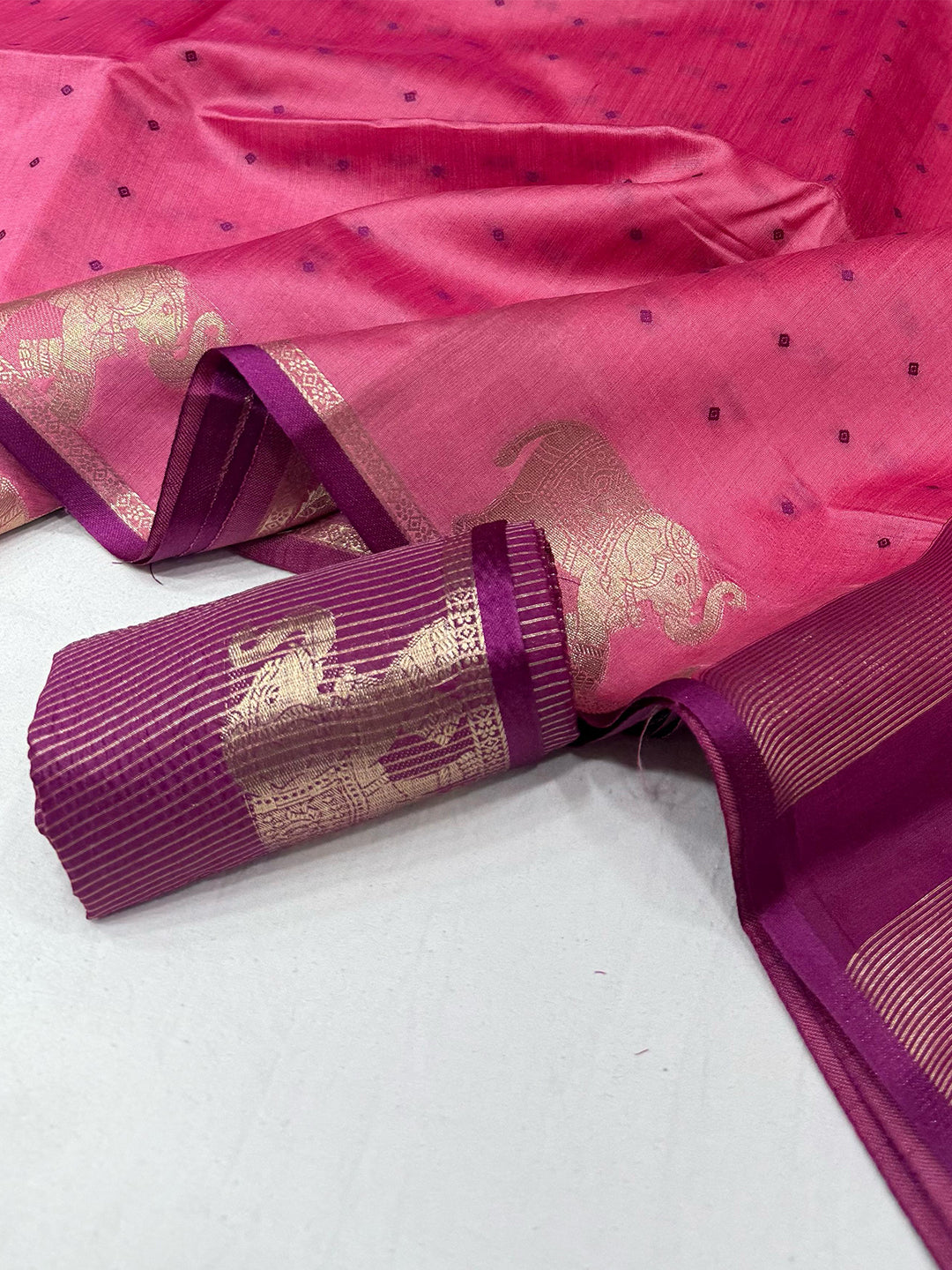 Pink Pure Silk Bandhani Butti Saree by My Store